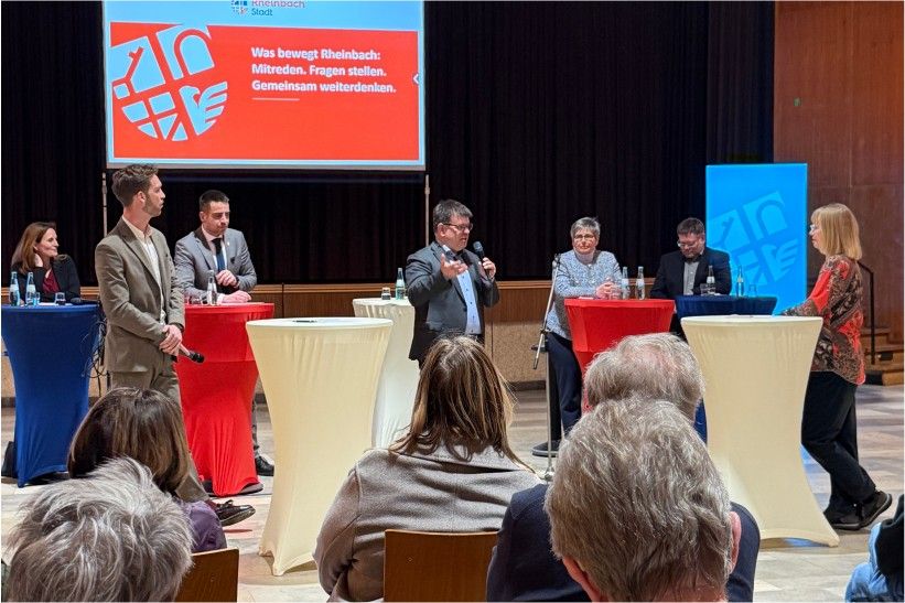 Bürgerforum in Rheinbach: Podium vor der Leinwand „Was bewegt Rheinbach: Mitreden. Fragen stellen. Gemeinsam weiterdenken.“, davor das Publikum